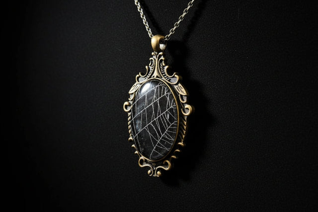Filigree cabochon necklace pendant containing preserved natural spiderweb