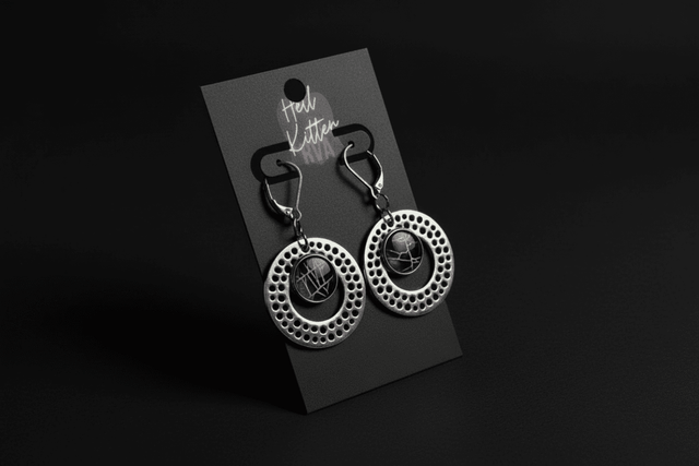 Silver-tone circle earrings containing preserved real spiderweb