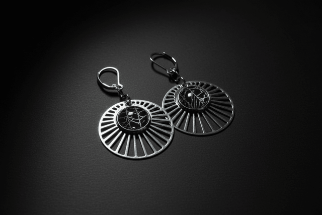 Silver-tone sunburst earrings containing preserved real spiderweb