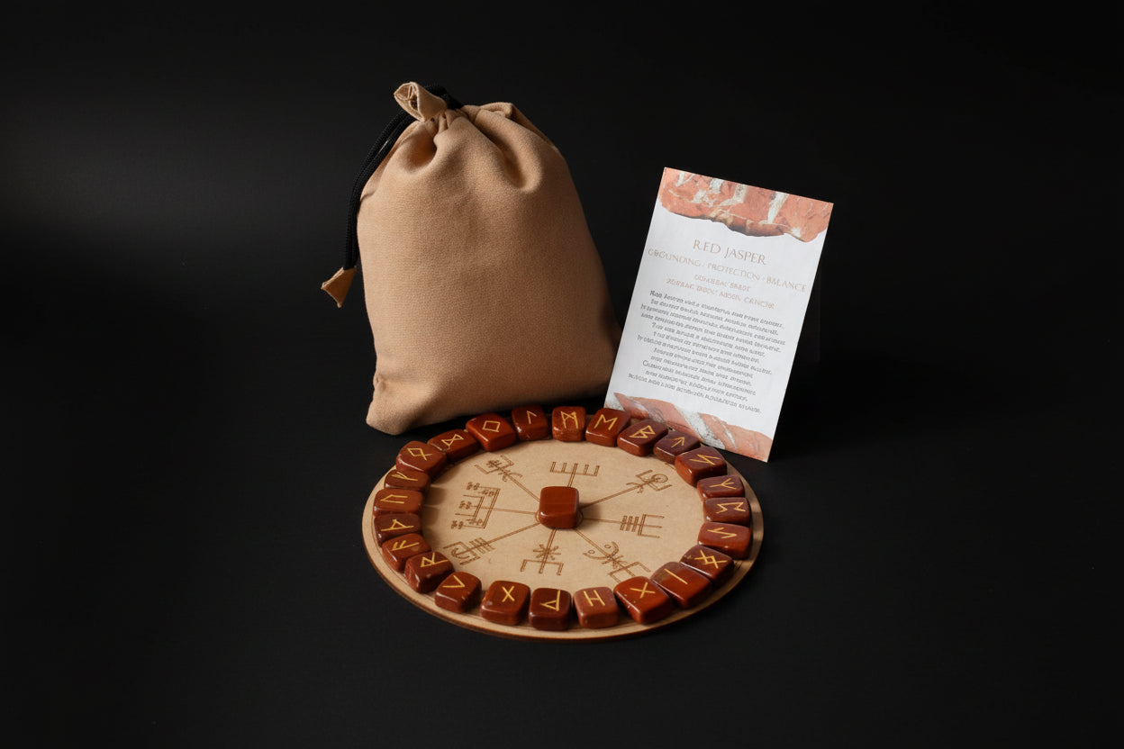Complete Red Jasper rune set displayed with matching board