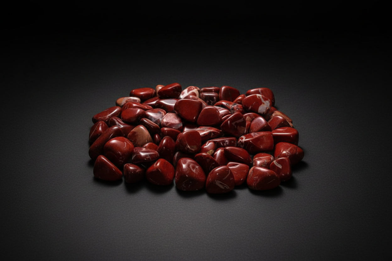Representative polished brick-red stones sold as Red Jasper; color, pattern, shape, and size vary