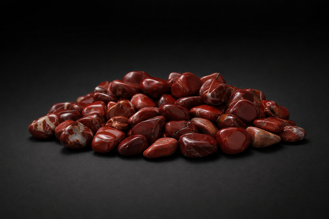 Pile of polished brick-red and burgundy Red Jasper tumbled stones with pale veins on black