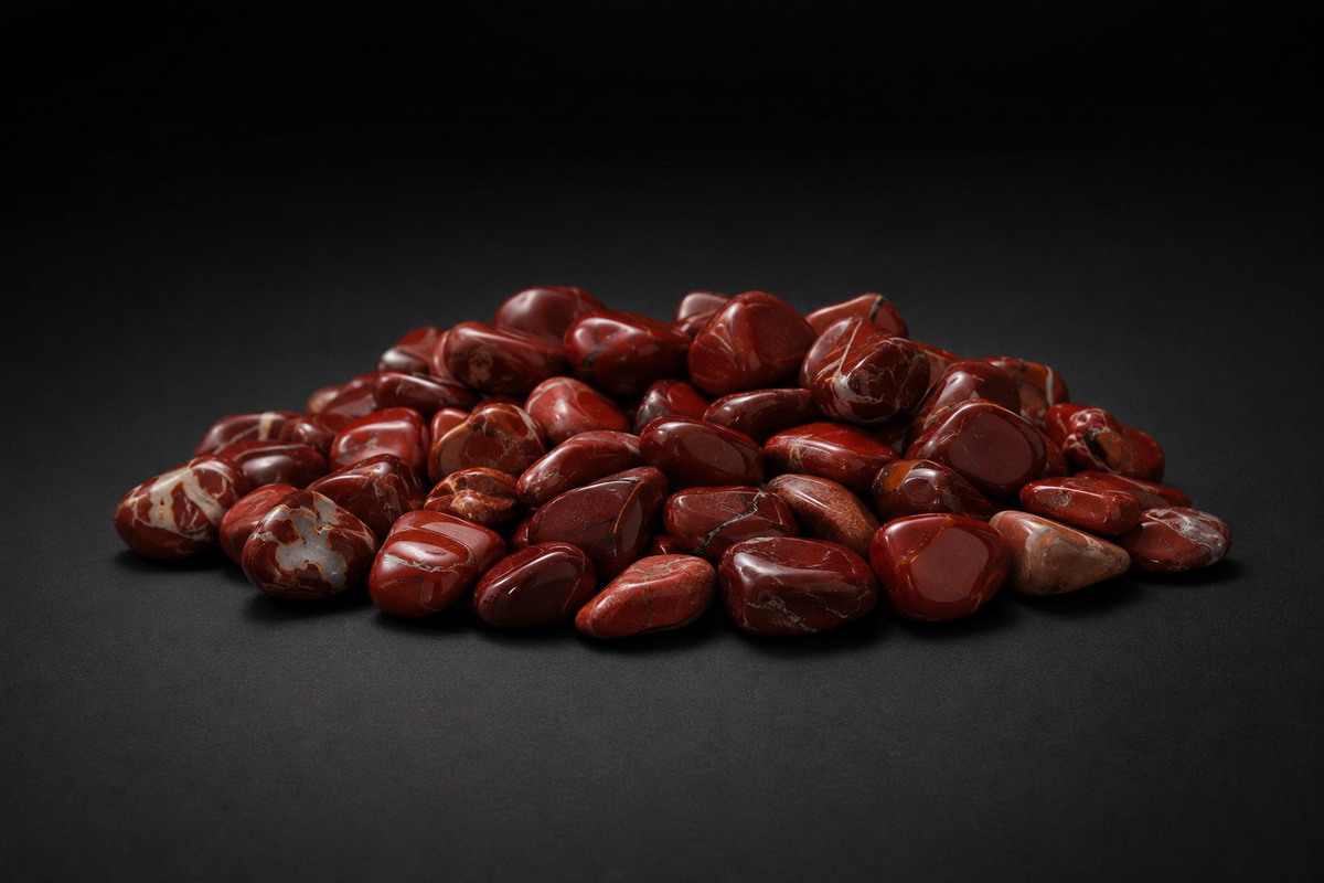 Pile of polished brick-red and burgundy Red Jasper tumbled stones with pale veins on black
