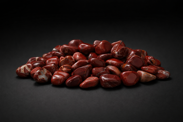 Pile of polished brick-red and burgundy Red Jasper tumbled stones with pale veins on black