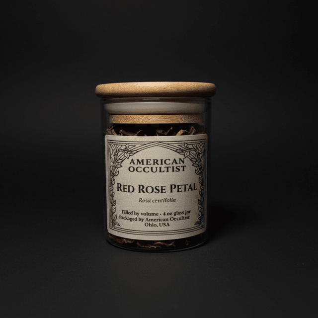 Organic dried red rose petals (Rosa × centifolia) in a labeled glass ritual herb jar