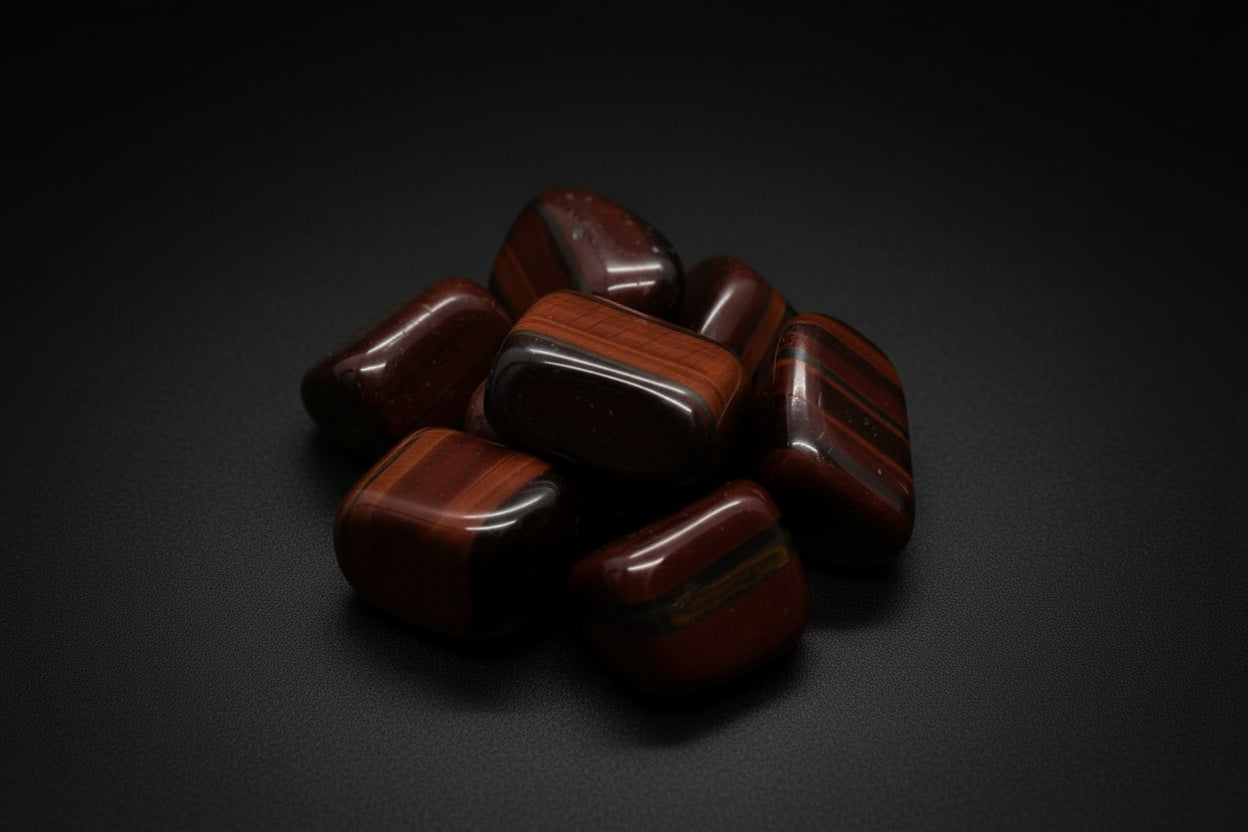 Polished red-brown Tiger Eye tumbled stones with chatoyant banding