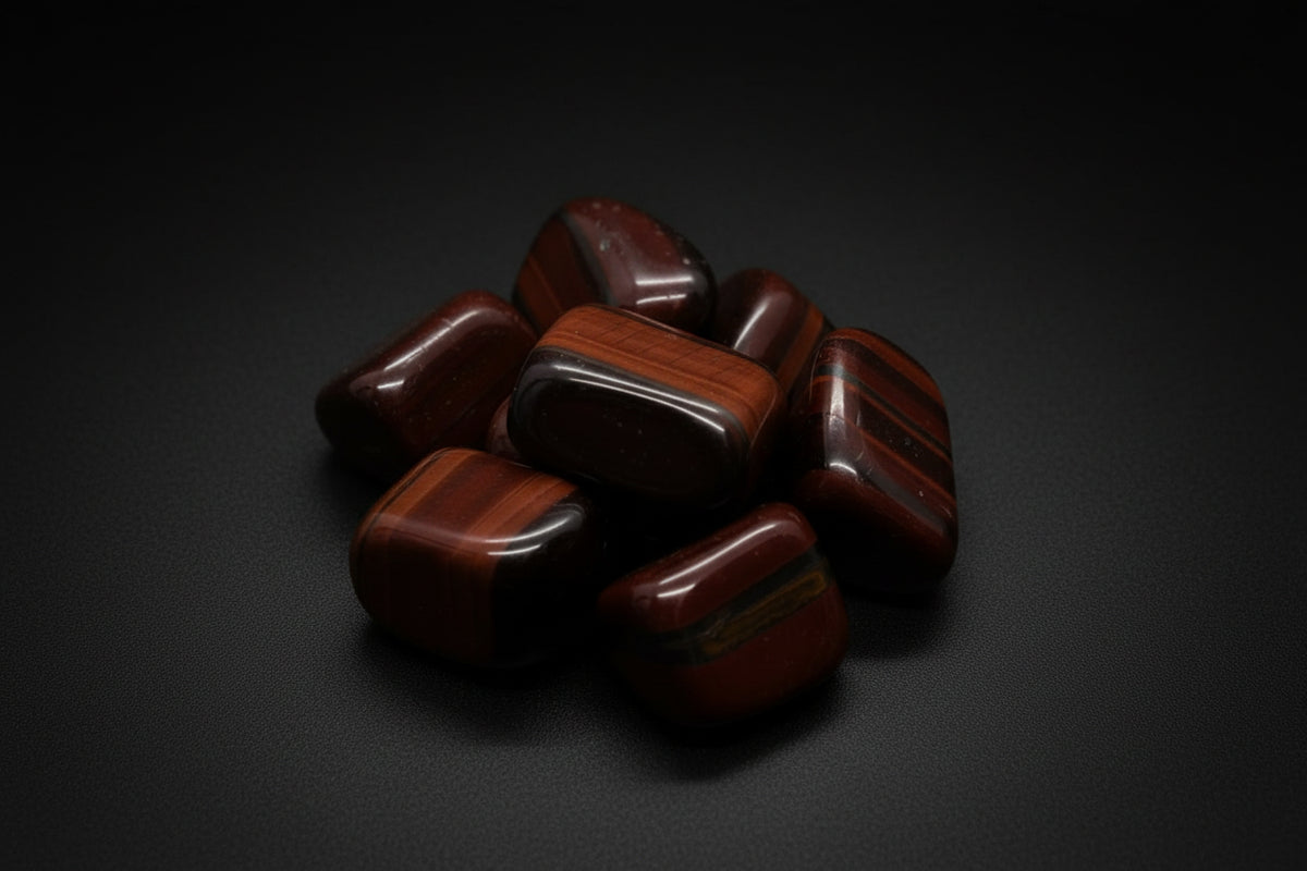 Polished red-brown Tiger Eye tumbled stones with chatoyant banding