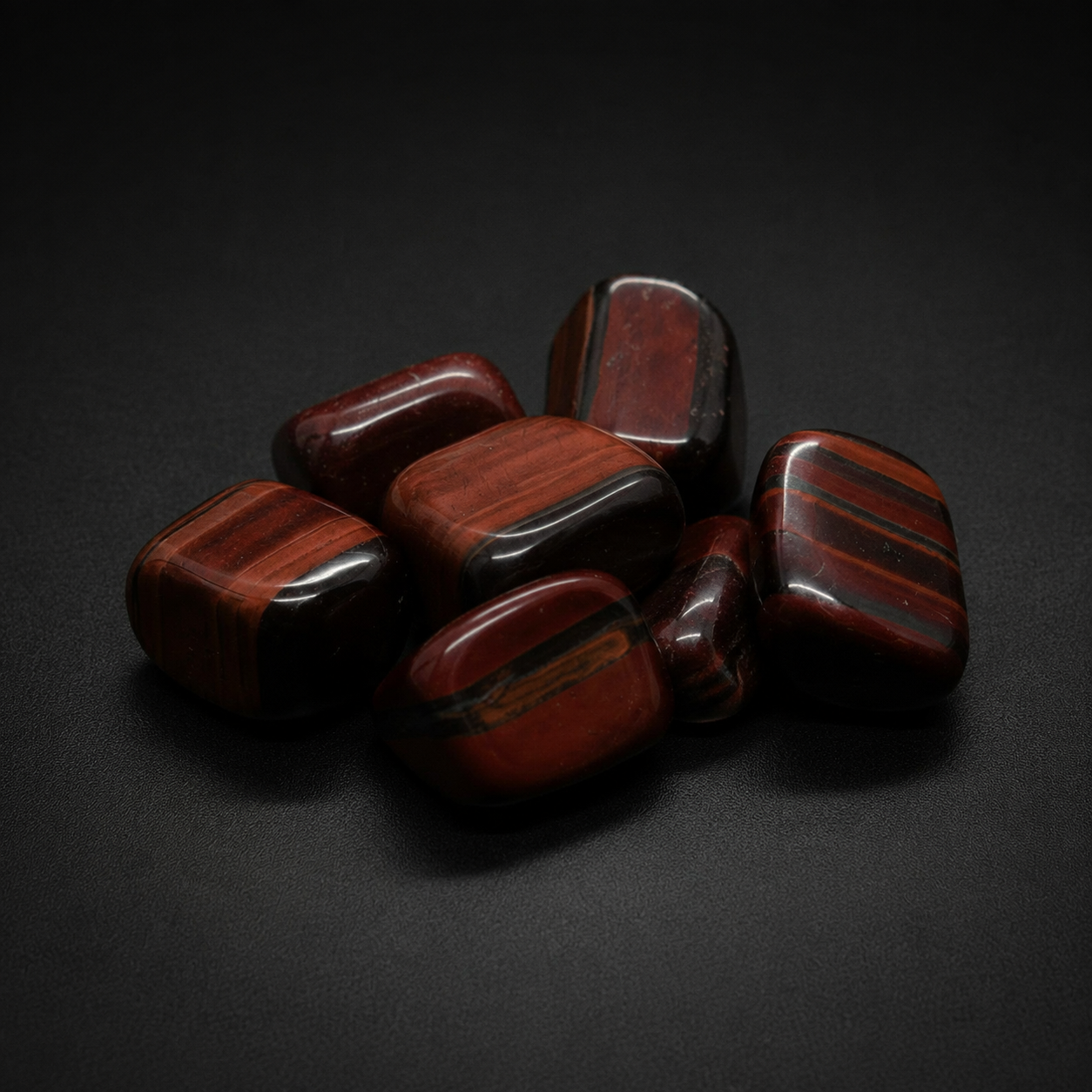Seven polished red-brown tiger eye tumbled stones with dark chatoyant bands on a matte black surface