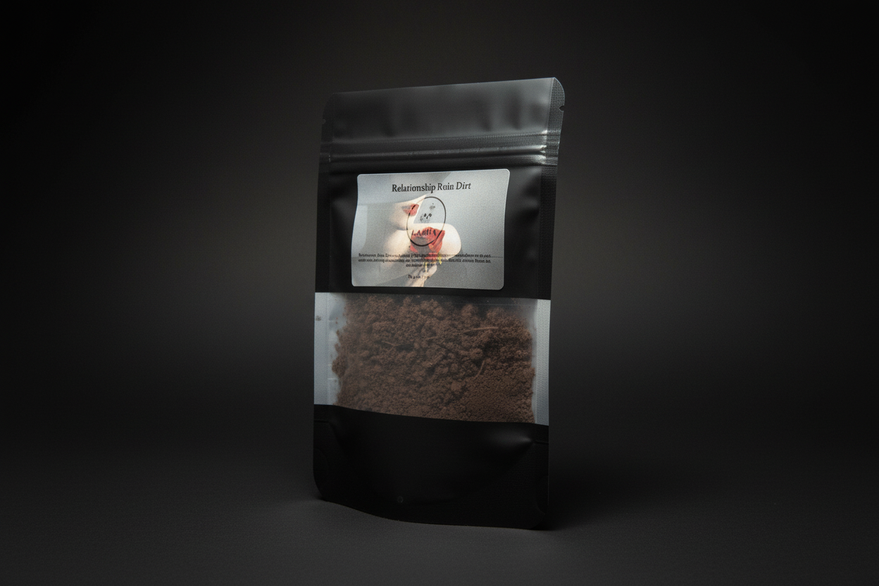 Black coffee bag with visible coffee grounds and a label on a white background