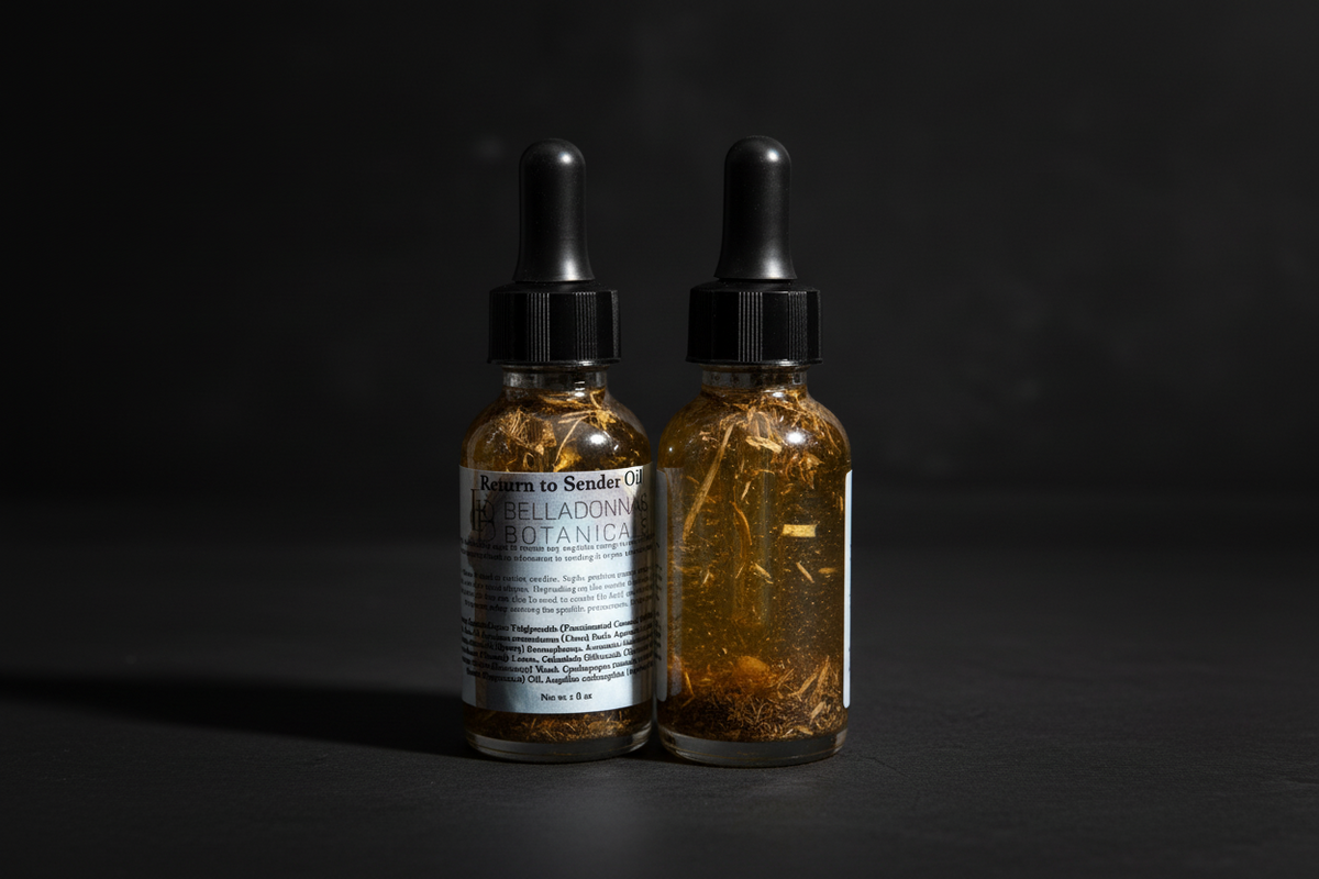 Return to Sender ritual oil in a labeled dropper bottle
