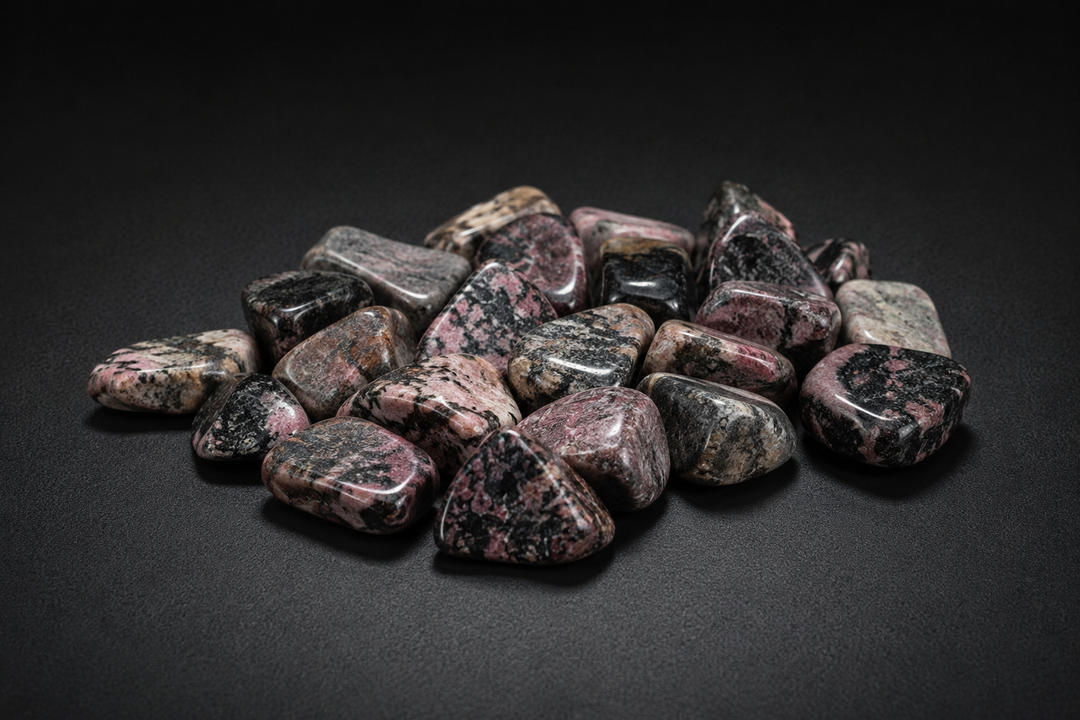 Assortment of polished pink, mauve, black, tan, and gray Rhodonite tumbled stones on black