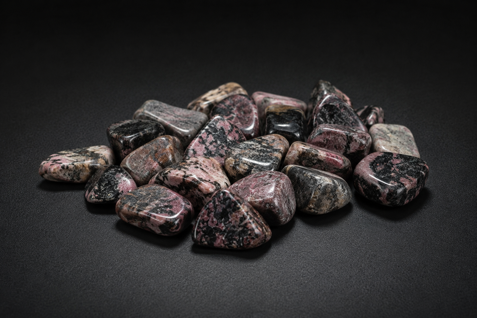 Assortment of polished pink, mauve, black, tan, and gray Rhodonite tumbled stones on black