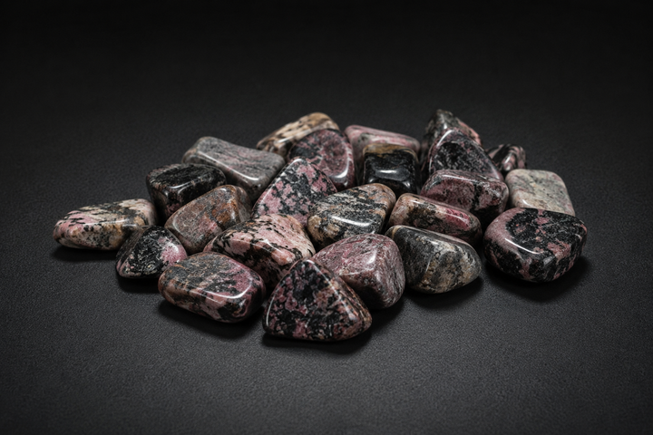 Assortment of polished pink, mauve, black, tan, and gray Rhodonite tumbled stones on black
