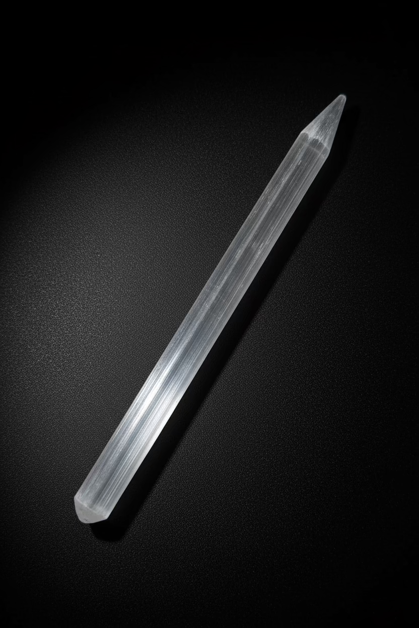 Polished white satin spar gypsum pencil wand with fibrous sheen and tapered point