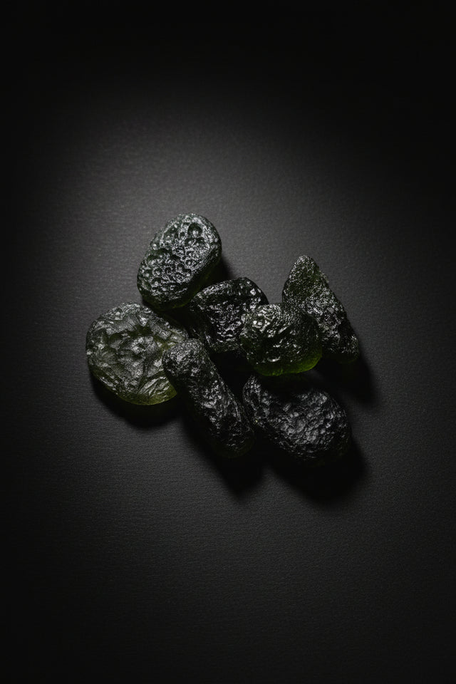 A cluster of small, dark green to black, semi-translucent, rock-like pieces with a rough, speckled texture, resting on a white sheet of paper over a dark wood surface.