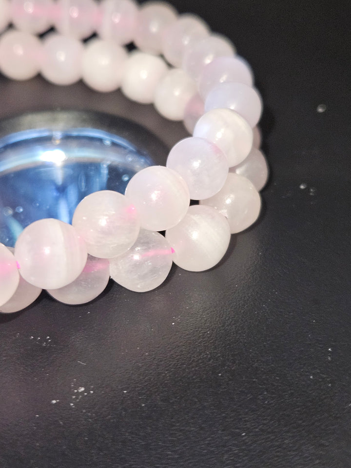Pink Calcite beaded bracelet close-up