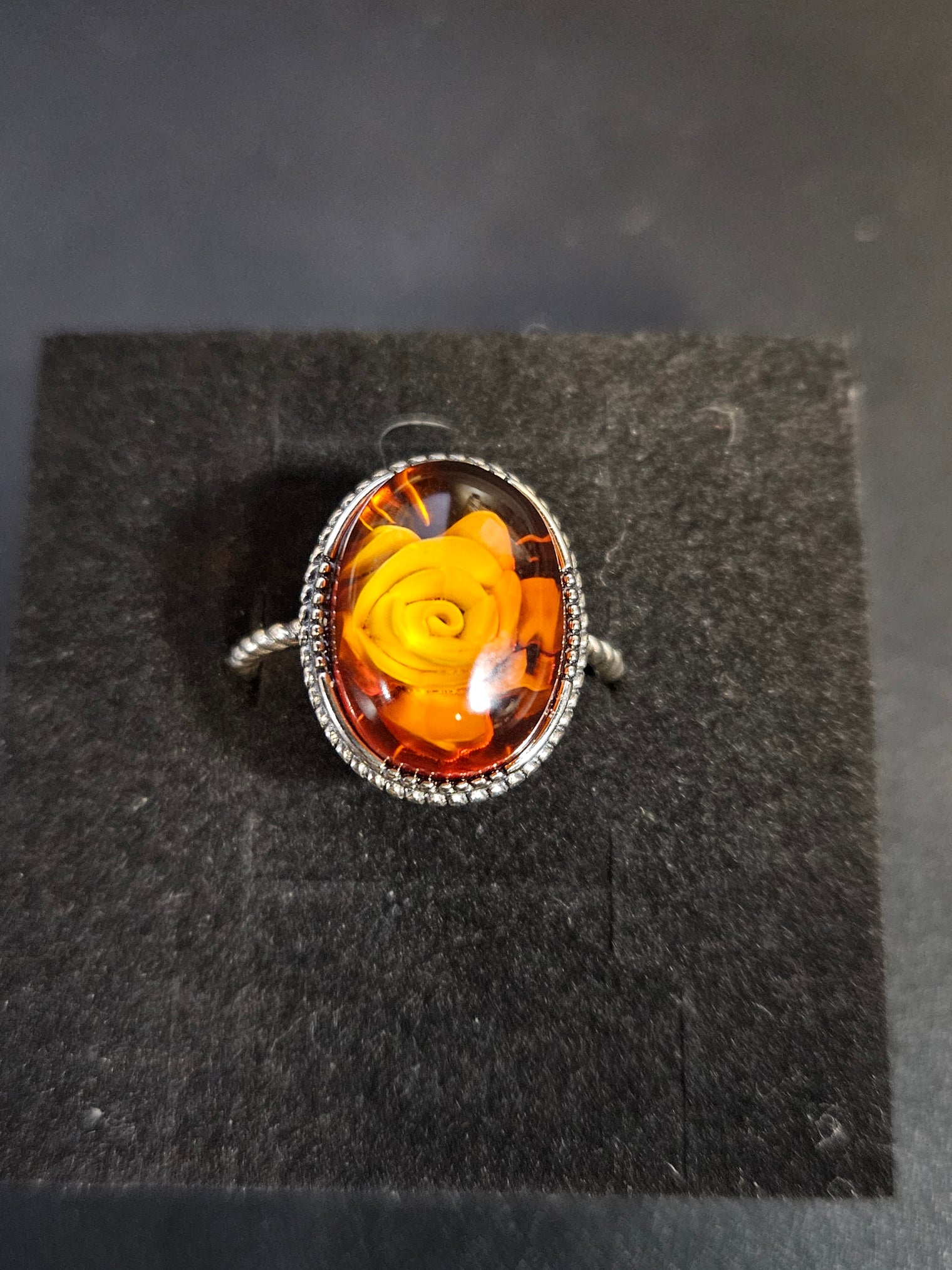Amber Ring with Rose-Shaped Stone