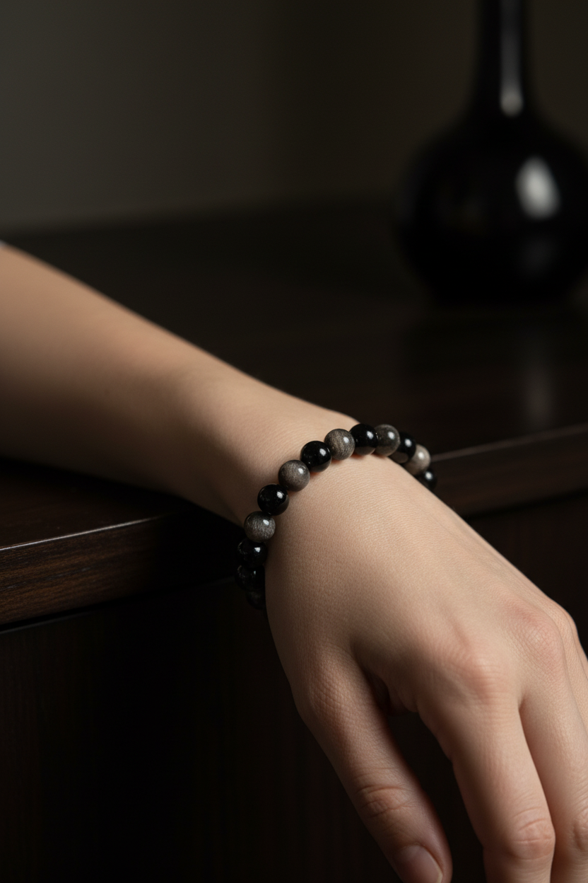 Silver Obsidian Beaded Bracelet