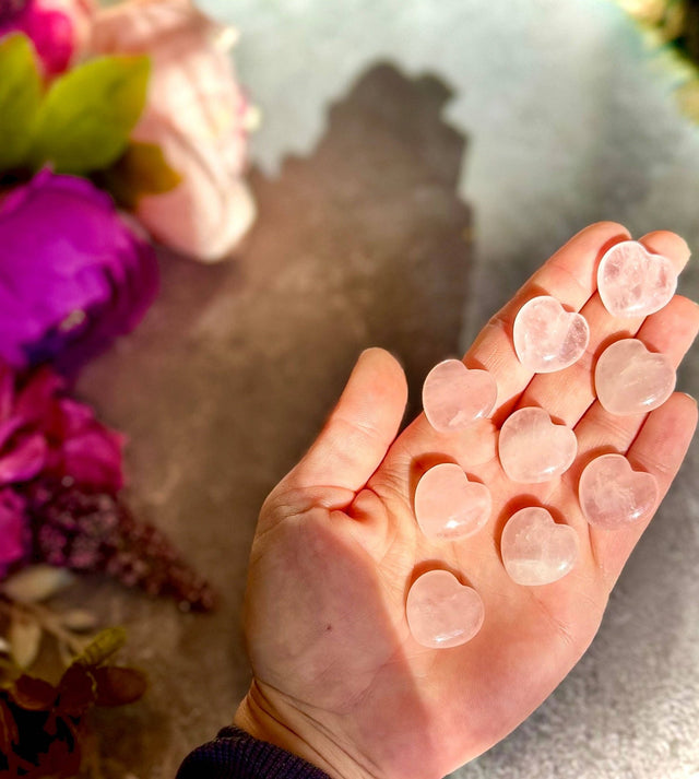 Hand holding pink heart-shaped objects with flowers in the background