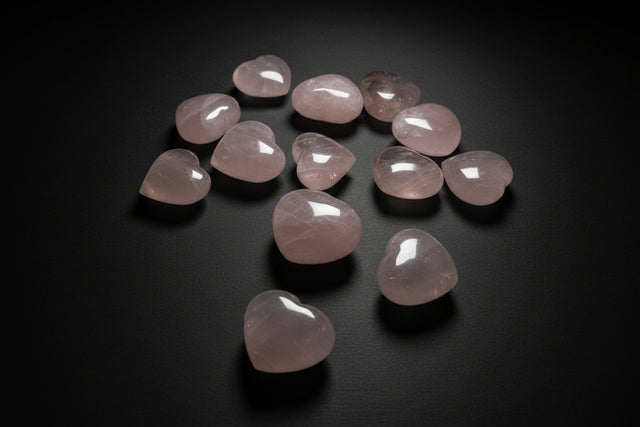 Heart-shaped rose quartz crystals on a wooden surface