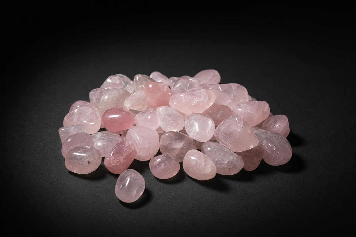 Pile of polished pale pink Rose Quartz tumbled stones with cloudy translucency on black