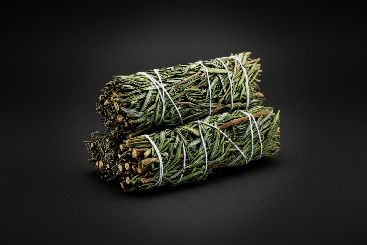Rosemary and sage botanical smoke bundle tied with string on a white background