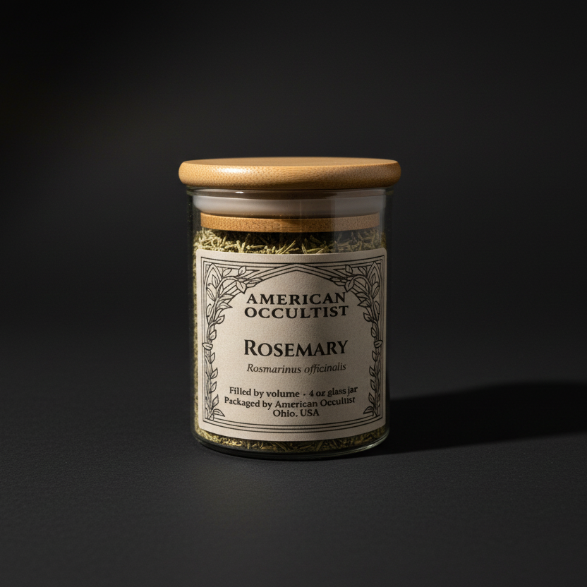 Organic dried cut rosemary leaf (Salvia rosmarinus) in a labeled glass ritual herb jar