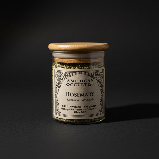 Organic dried cut rosemary leaf (Salvia rosmarinus) in a labeled glass ritual herb jar