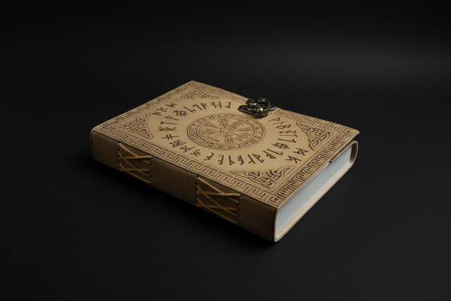 Rune symbols leather journal with embossed cover on a black armchair