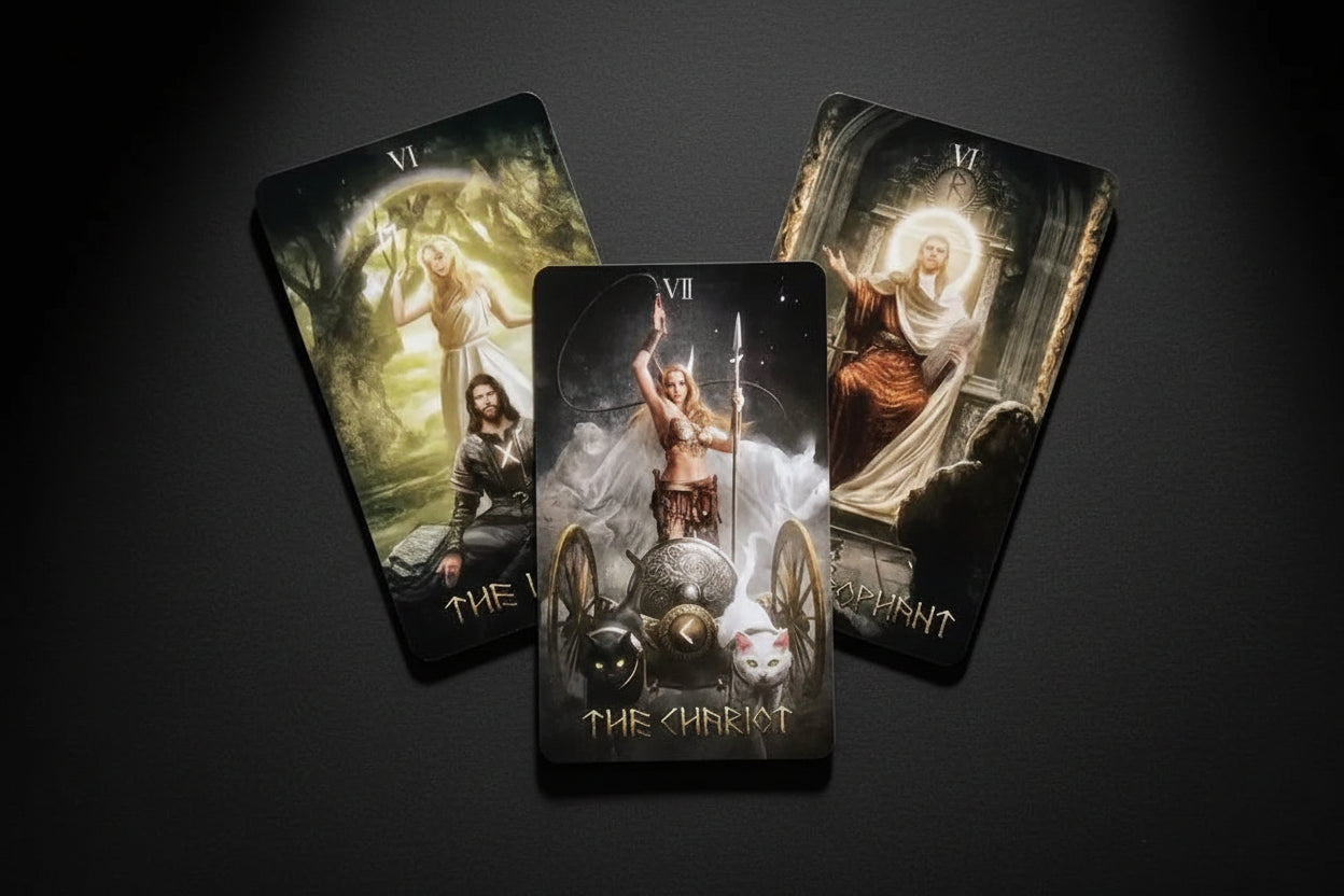 Three tarot cards with artistic illustrations and text on a white background