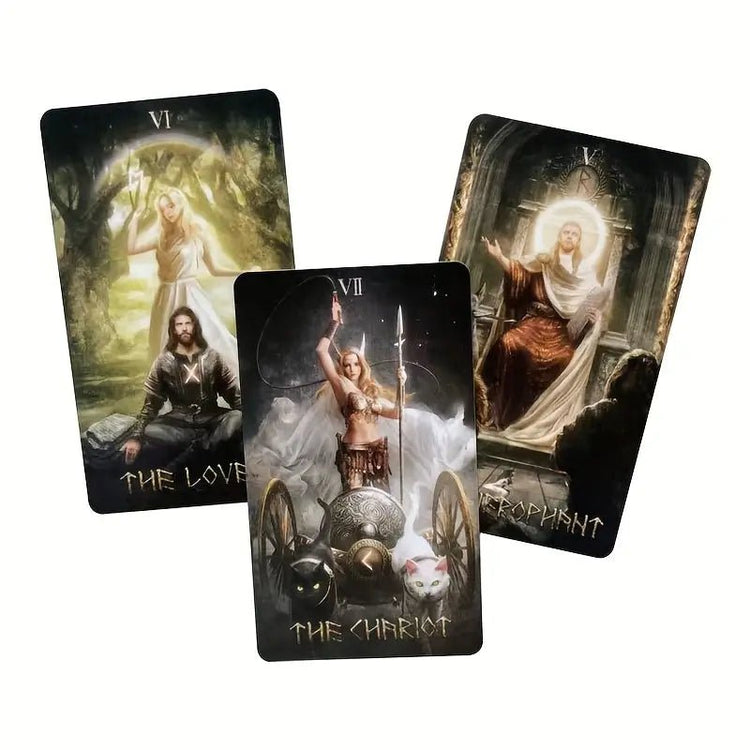 Three tarot cards with artistic illustrations and text on a white background