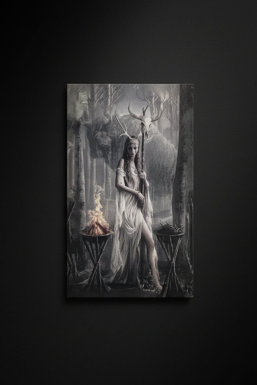Framed artwork of a woman with antlers in a forest setting