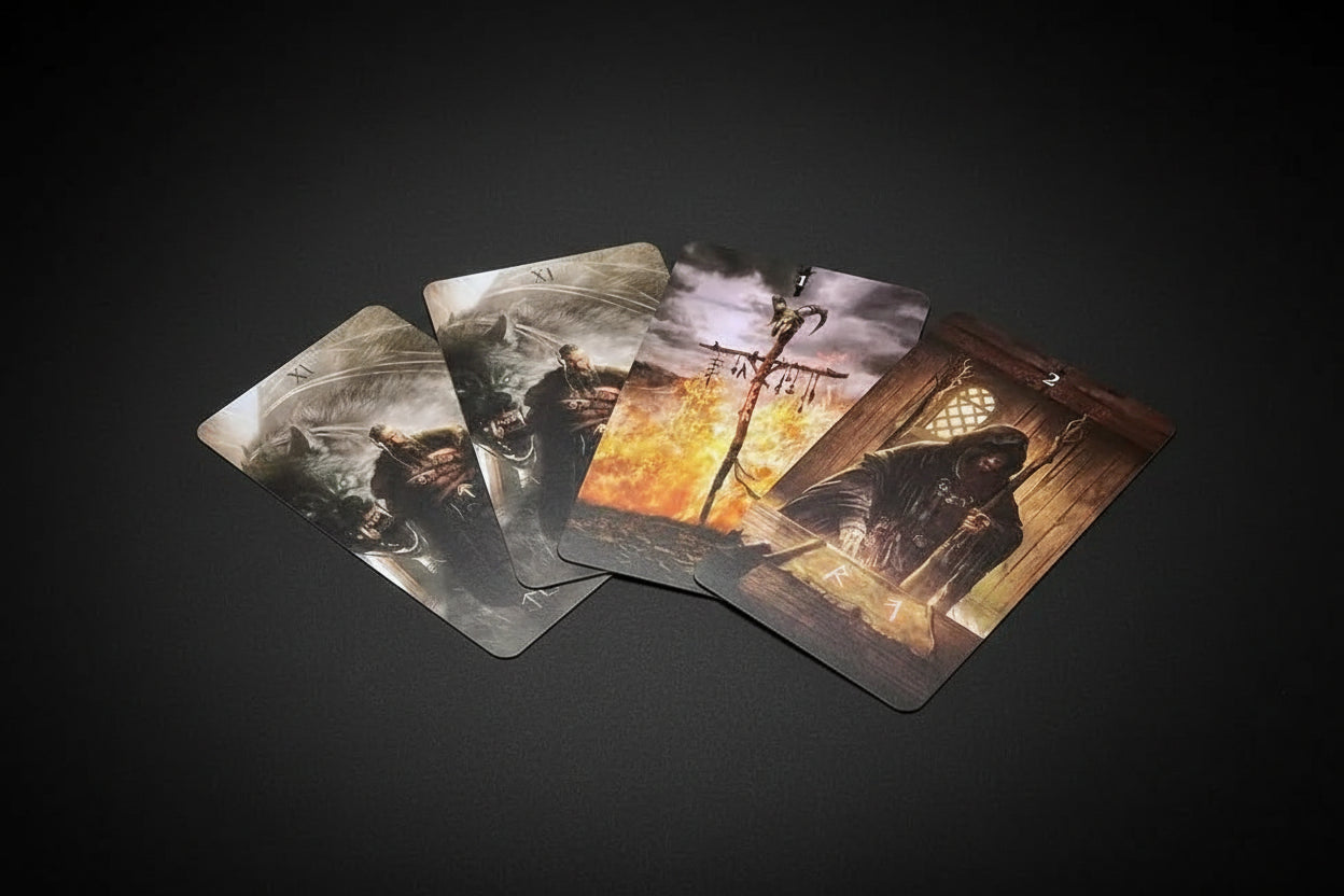 Set of tarot cards with dark, mystical designs on a white background