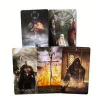 Set of tarot cards with dark, mystical designs on a white background