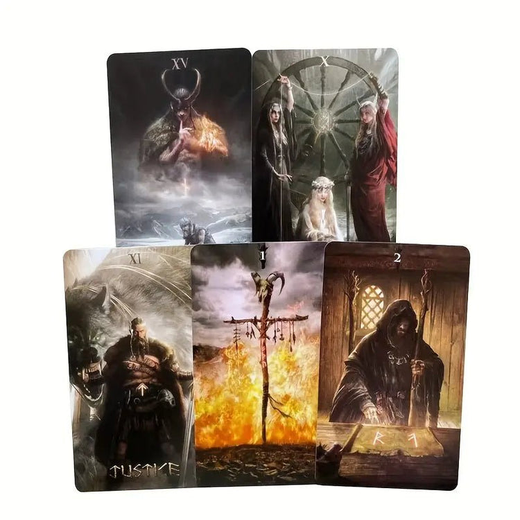 Set of tarot cards with dark, mystical designs on a white background