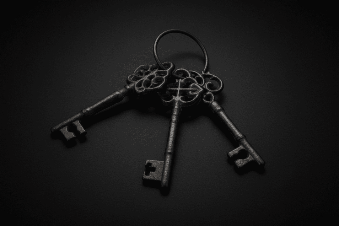Three rustic cast iron skeleton keys with vintage finish