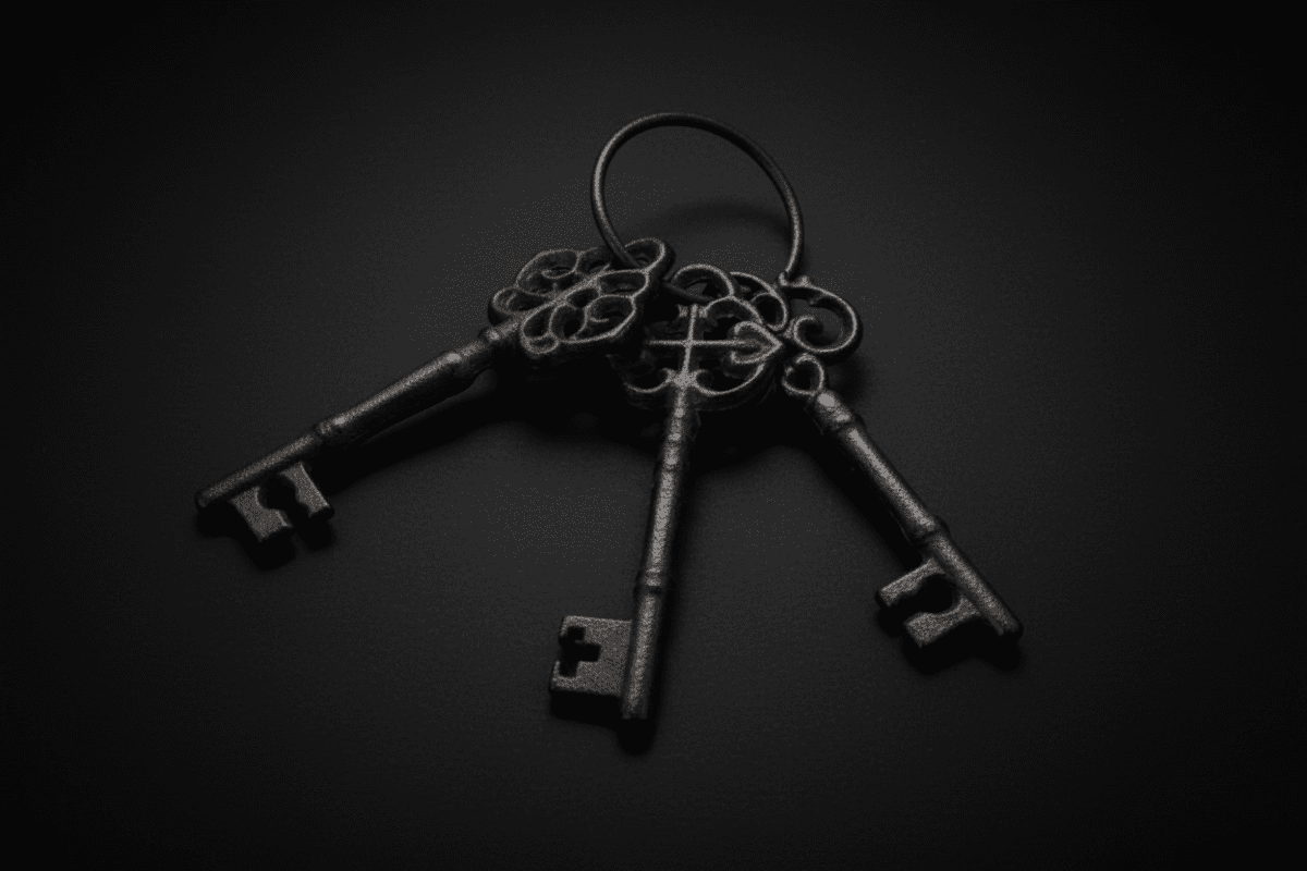 Three rustic cast iron skeleton keys with vintage finish