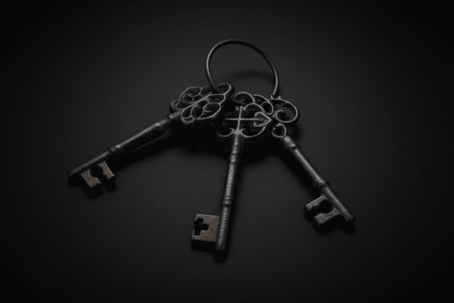 Three rustic cast iron skeleton keys with vintage finish
