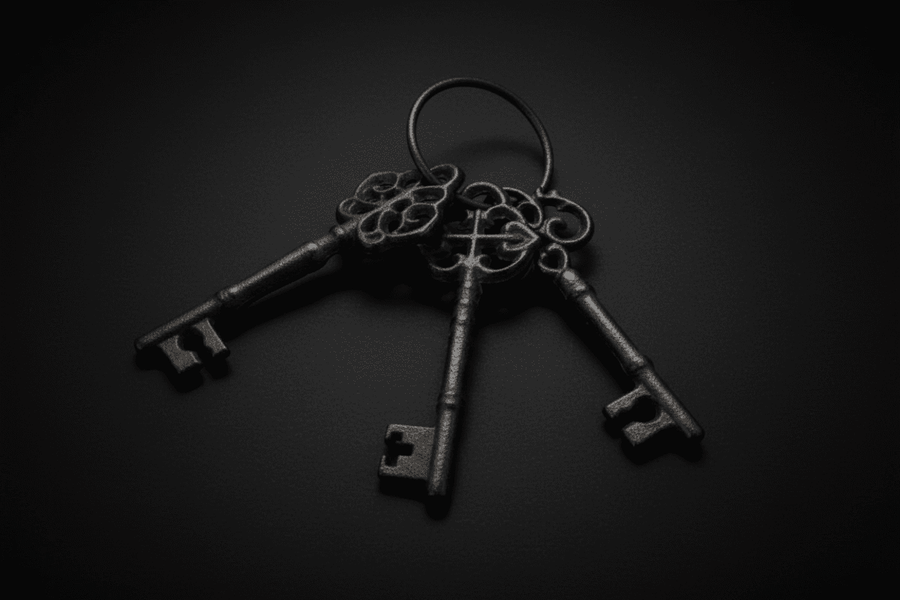 Three rustic cast iron skeleton keys with vintage finish