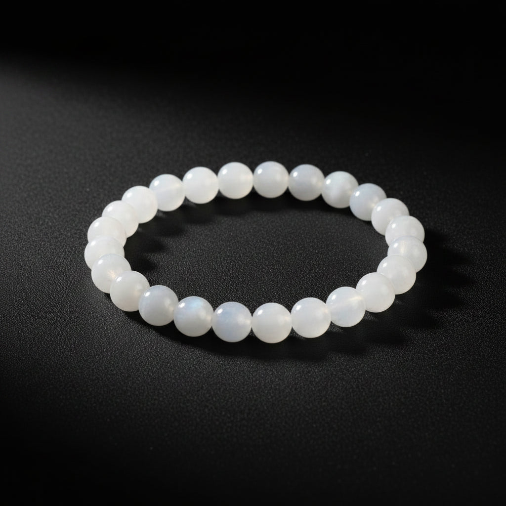 Polished satin spar gypsum beaded stretch bracelet commonly sold as selenite