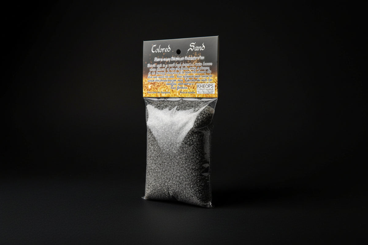 Silver-colored decorative sand in a labeled 4 oz bag