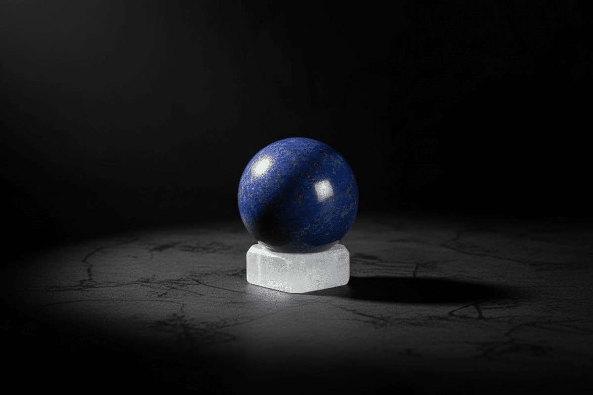 Carved white satin spar gypsum sphere holder for crystal display