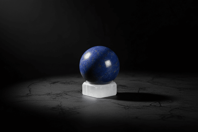 Carved white satin spar gypsum sphere holder for crystal display