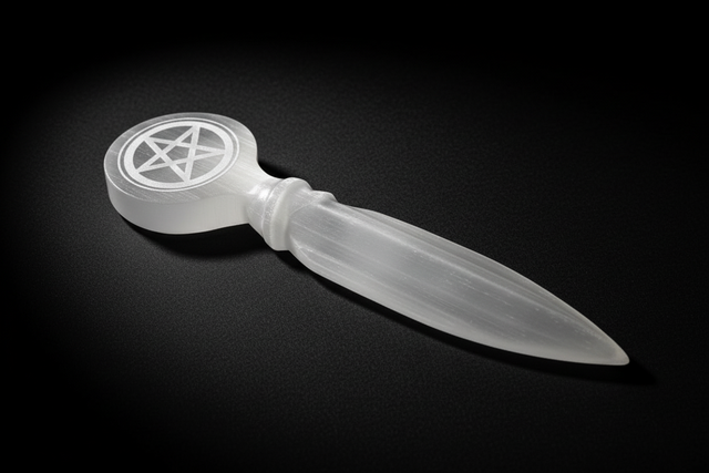 white selenite athame with a pentacle etched into the handle on a gray background.