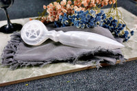 Close-up of Selenite Athame showcasing the etched pentagram handle and selenite blade for ritual use
