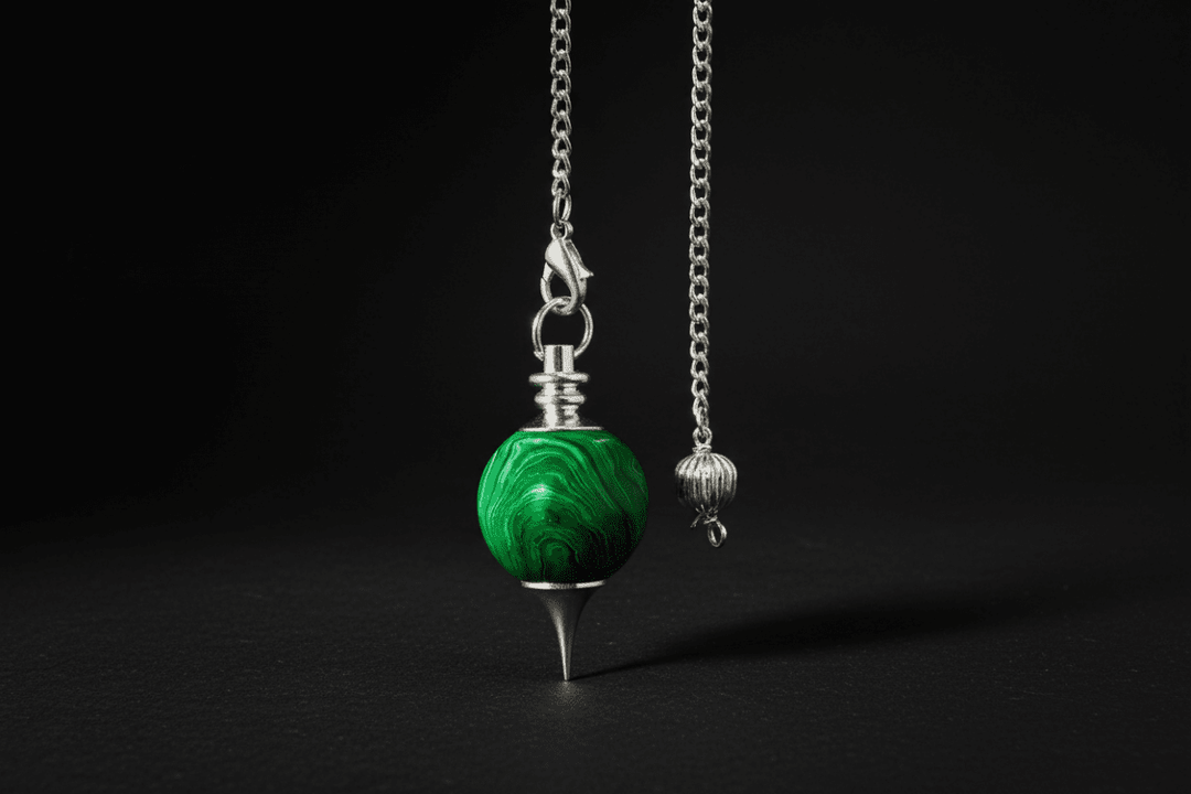 Green malachite Sephoroton pendulum on a black background