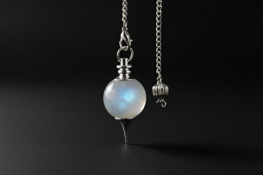 Rainbow Moonstone Sephoroton pendulum on a white background