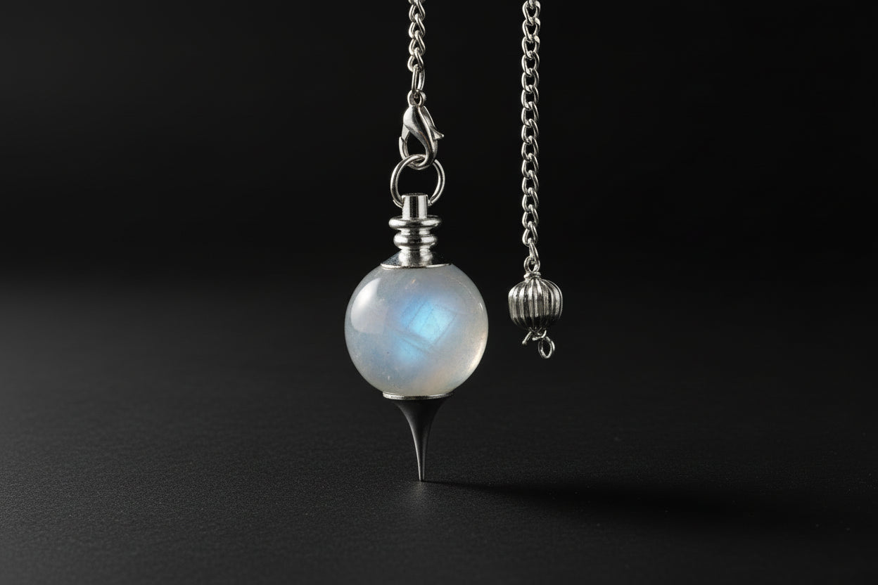 Rainbow Moonstone Sephoroton pendulum on a white background