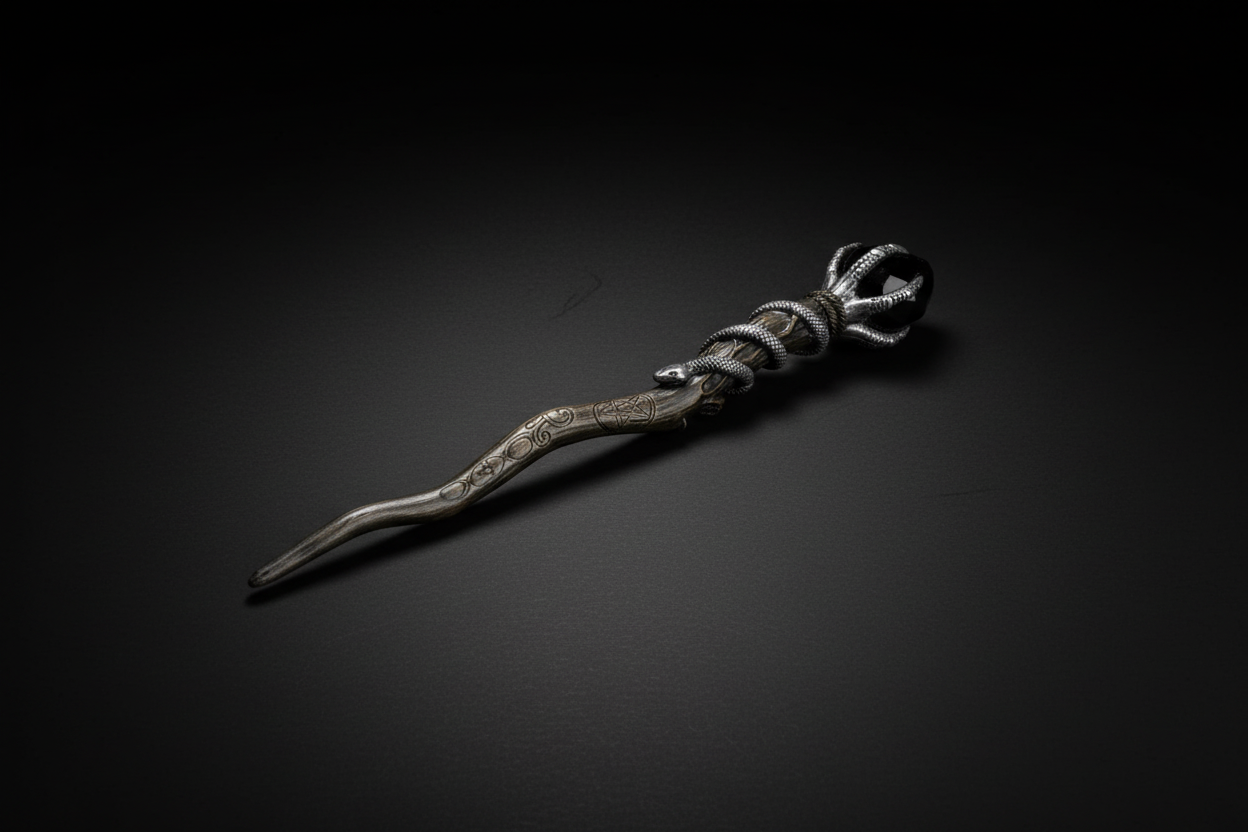 Serpentbound Sky wand with twisted wood design and serpent motif
