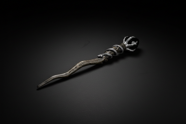 Serpentbound Sky wand with twisted wood design and serpent motif